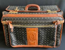 Pollini, Vintage Koffer bzw. Aktentasche in Schwarz mit Logomuster und hellbraunem Leder-