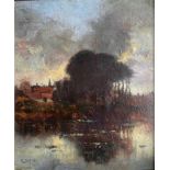 Karl HEFFNER (1849-1925), Landschaft mit Gewässer und Spiegelungen, signiert, Öl/Malkarton, 25 x