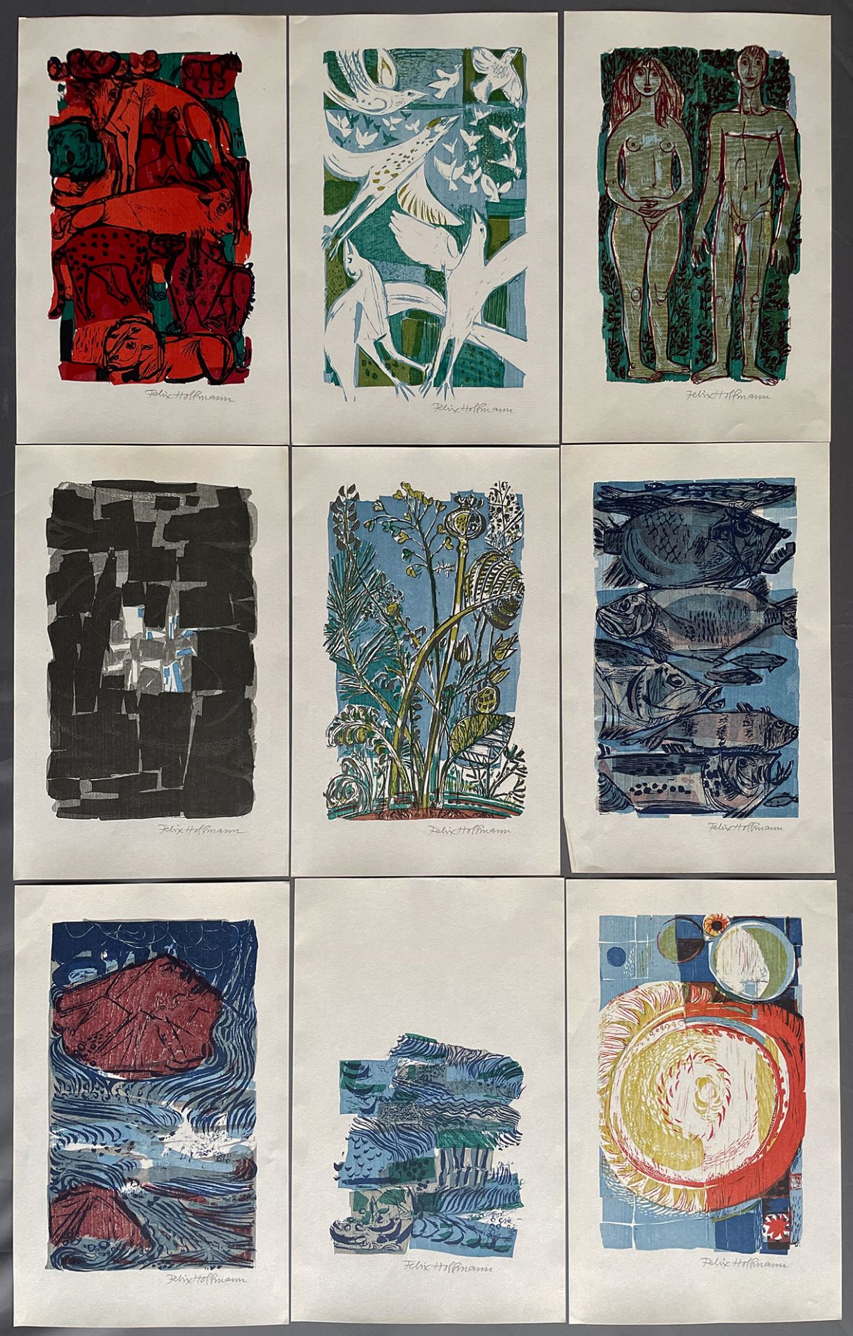 Felix HOFFMANN (1911-1975), 9 abstrakte und figürliche Kompositionen, Farbholzschnitte, signiert, 25