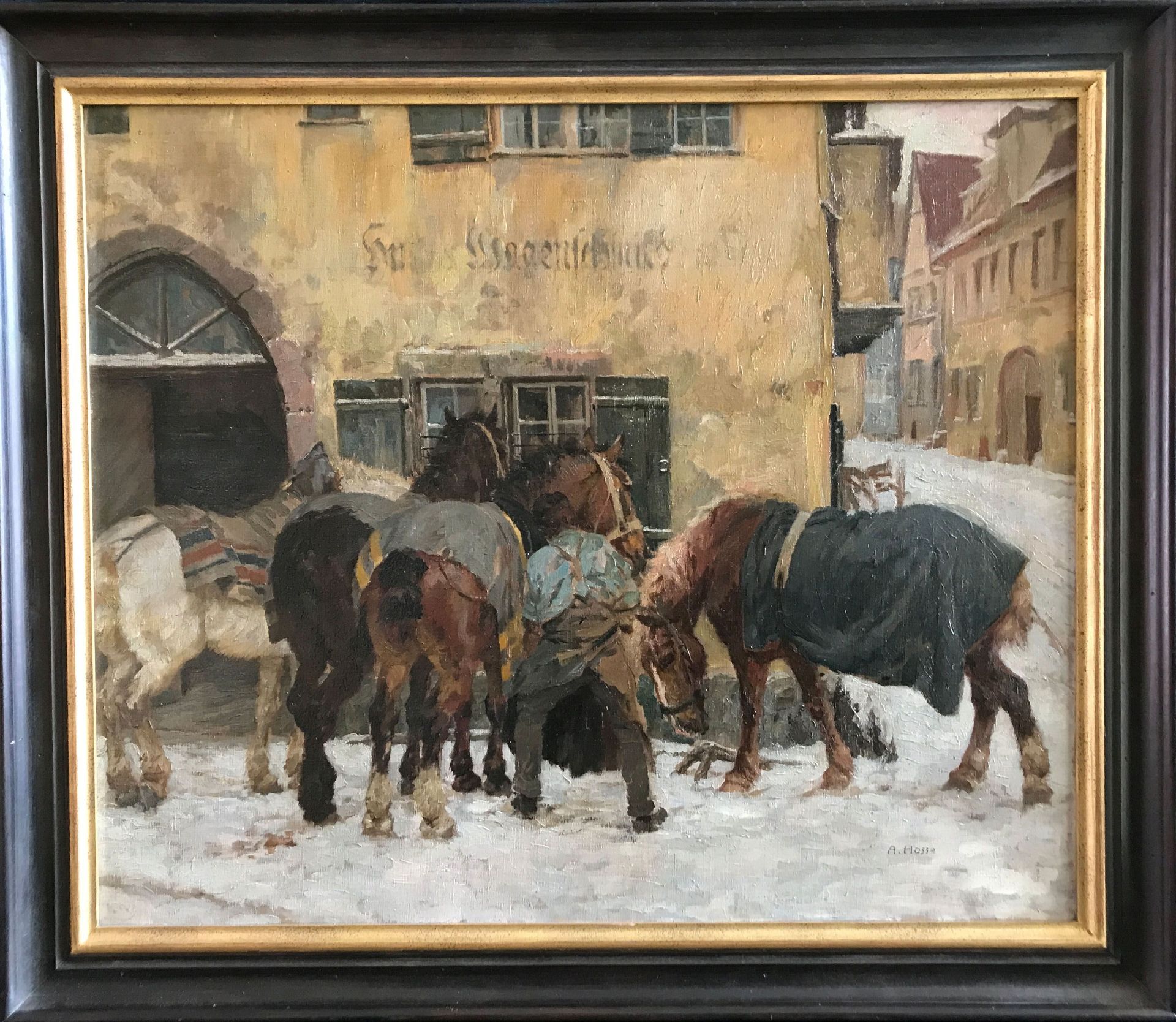 Adolf Hosse (1875 Hanau-1958 Hammelburg), Pferde im Winter vor einer Schmiede wartend, signiert, - Image 2 of 4