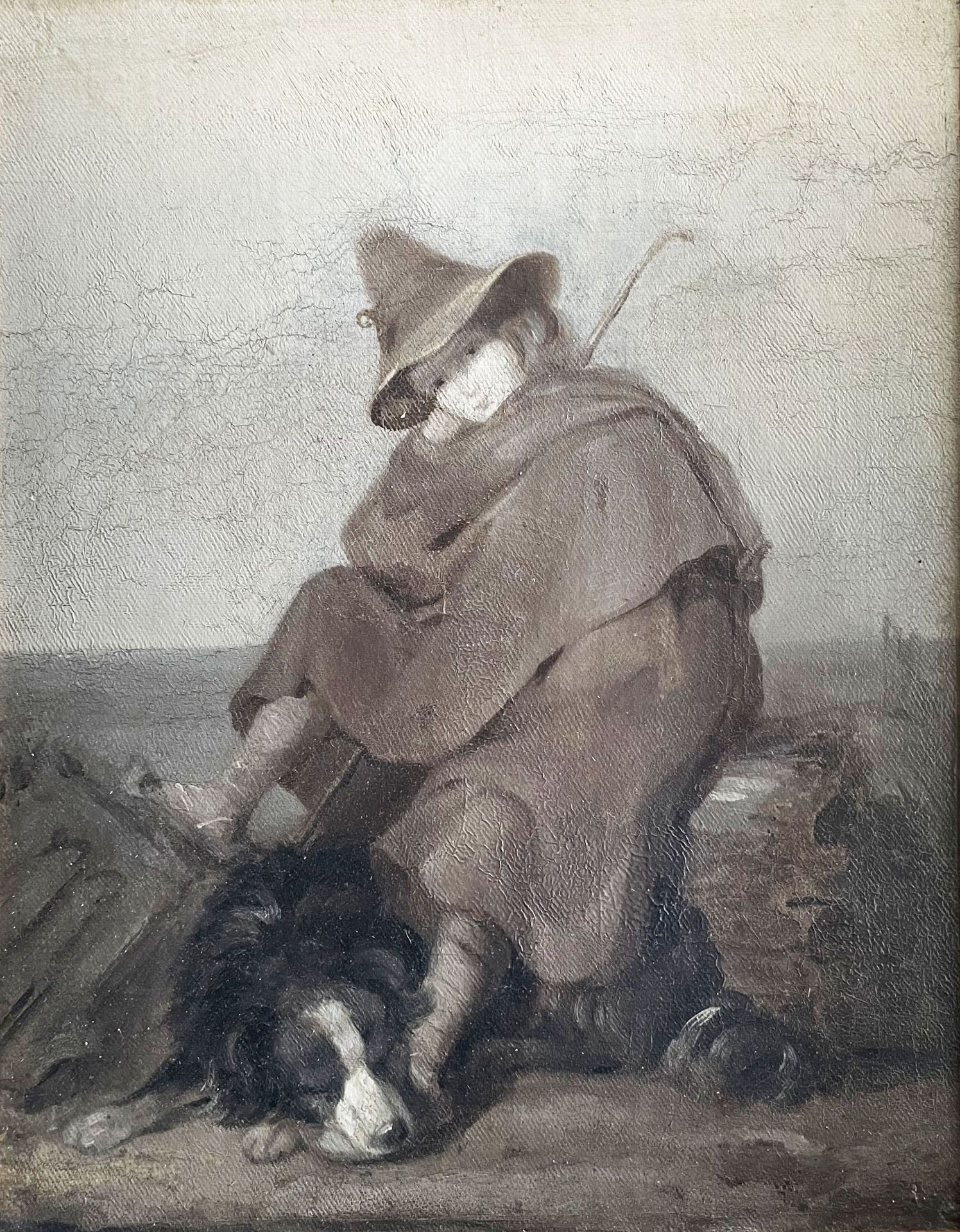 Unbekannter Künstler, 19. Jh., Schäferin auf der Rast, mit Hut und Stock sowie einem Hund zu ihren