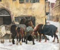 Adolf Hosse (1875 Hanau-1958 Hammelburg), Pferde im Winter vor einer Schmiede wartend, signiert,