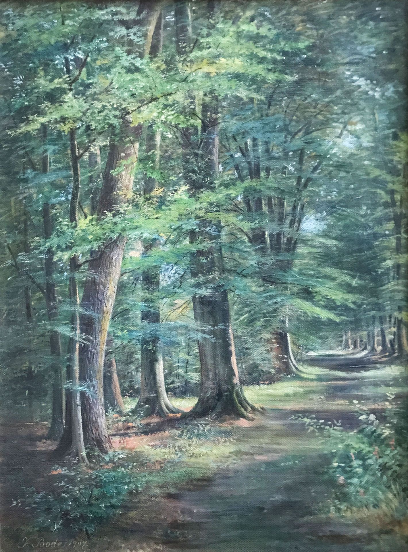 Johann Bode (1853 Offenbach/Main - 1925 Frankfurt/Main), Waldweg gesäumt von dichten Laubbäumen,