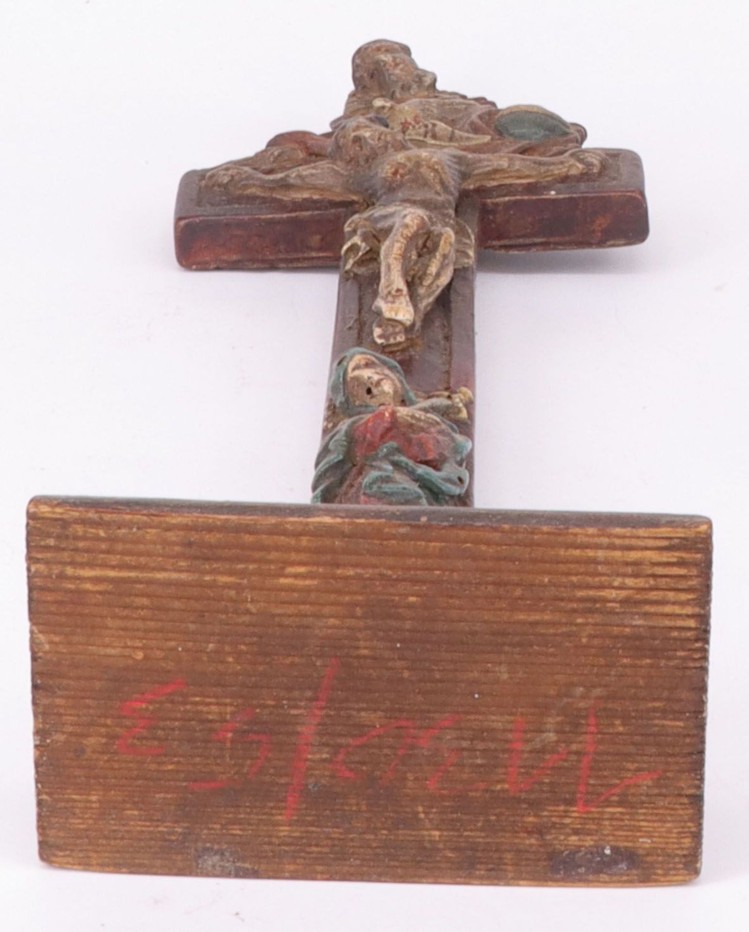 Kreuzigungsgruppe, 19. Jh., Holz, Kunststoff, Pappmaché, Bronze-Christus, farbig gefasst, über - Image 4 of 7