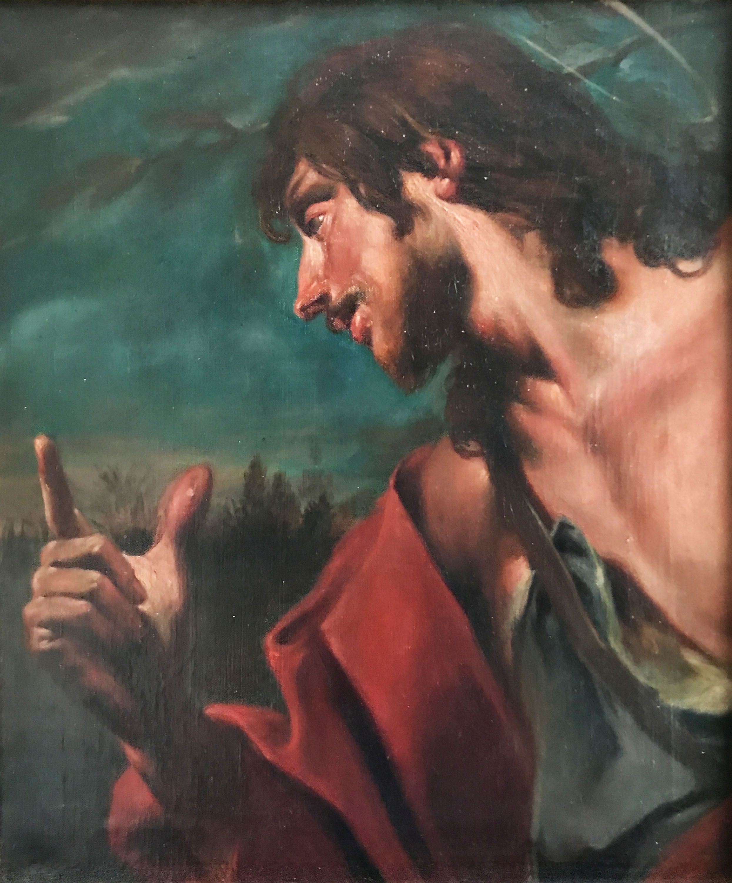 Johannes der Täufer vor stürmischem Himmel, 18. Jh., Öl/Lwd. 52 x 43,5 cm. Der Dargestellte wird von