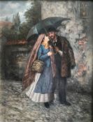 Adolf Melchert (1818-1840) zugeschr., Paar im Regen, signiert, Öl/Holz, Altersspuren, 35 x 27 cm
