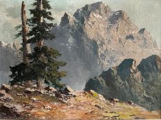 Georg ARNOLD-GRABONÉ (München 1886 - 1982 Starnberg), Landschaft in den Bergen, im Hintergrund ein