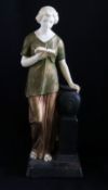 Frauenfigur mit Buch auf Säule gestützt, Gips mit farbiger Fassung, bez. "V. K. D'dorf 127.",