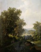 Ferdinand Exner (1848 - 1917), Landschaft mit hohen Bäumen, einem Weg mit Wanderern sowie einem