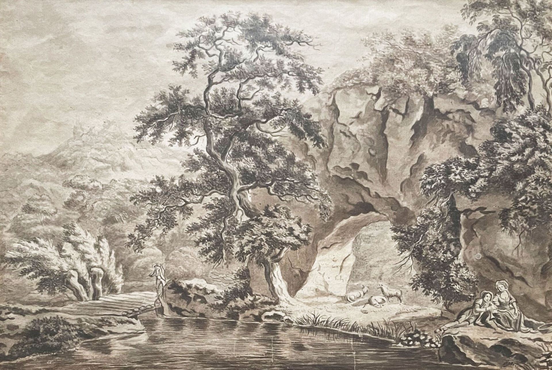 Zwei Zeichnungen: Bergige Landschaft mit schroffen Felsen und knorrigen Bäumen sowie Schäfer und - Image 5 of 5