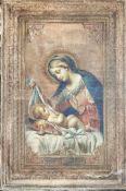 Stoffbild, 19. Jh., Maria mit dem Jesuskind, umgeben von ornamentaler Umrandung, Malerei auf fest