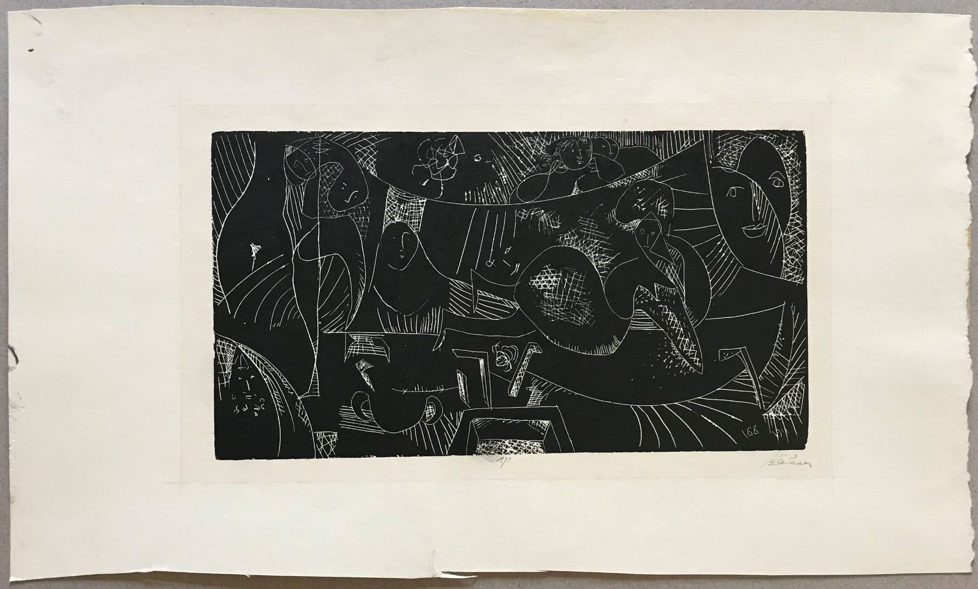 Yehuda Bacon (auch Jehuda Bakon, geb. 1929), Ohne Titel: Viele Traumwesen mit Gesichtern auf dunklem