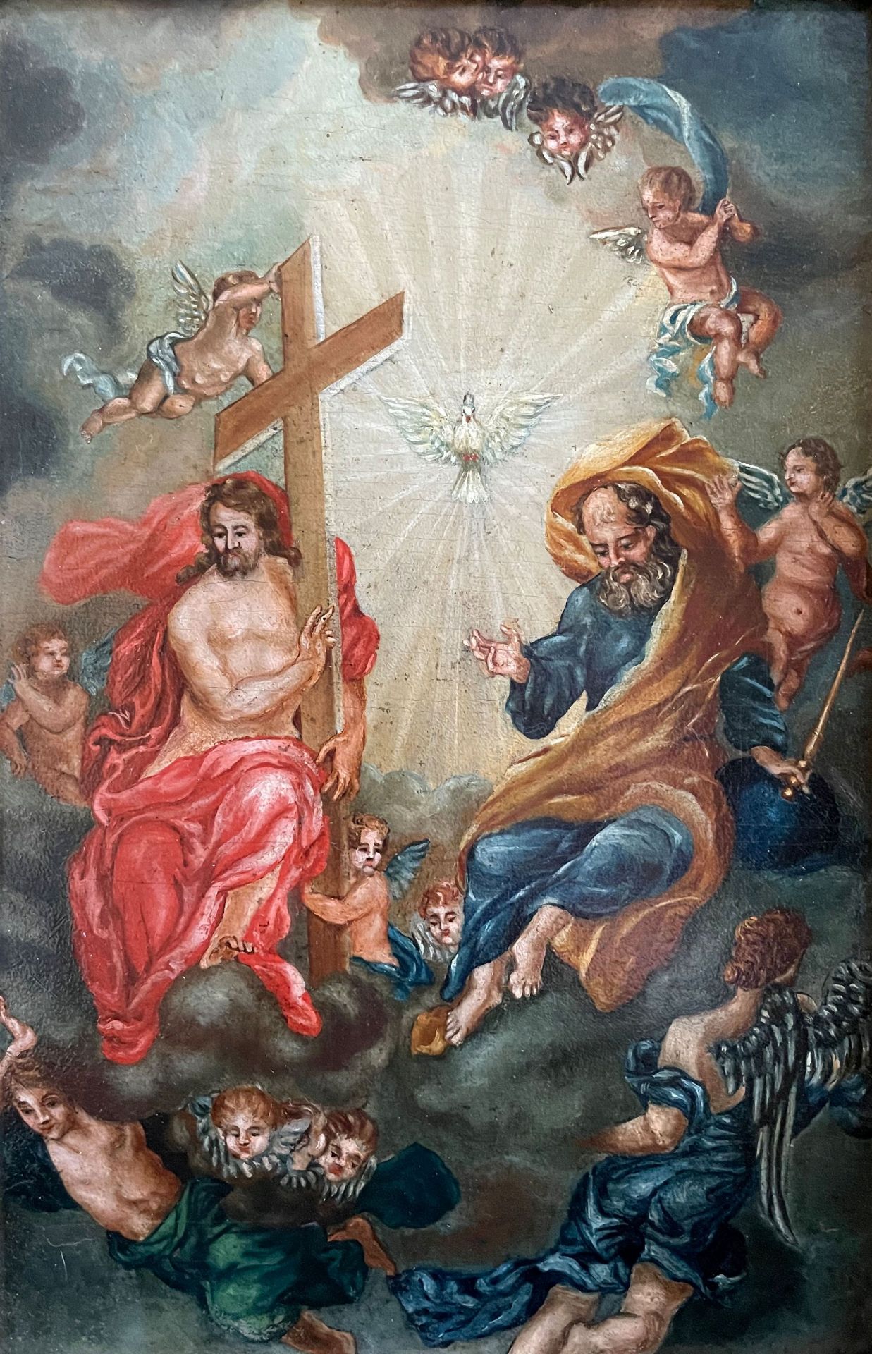 Gemälde Hl. Dreifaltigkeit, 18. Jh.: Christus mit dem Kreuz in den Armen, Gottvater und zwischen