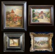Vier Gemälde: Erich Bahr, Postkutsche vor Stadttor, signiert, Öl/Karton, 28 x 22 cm; Hans Menhard,