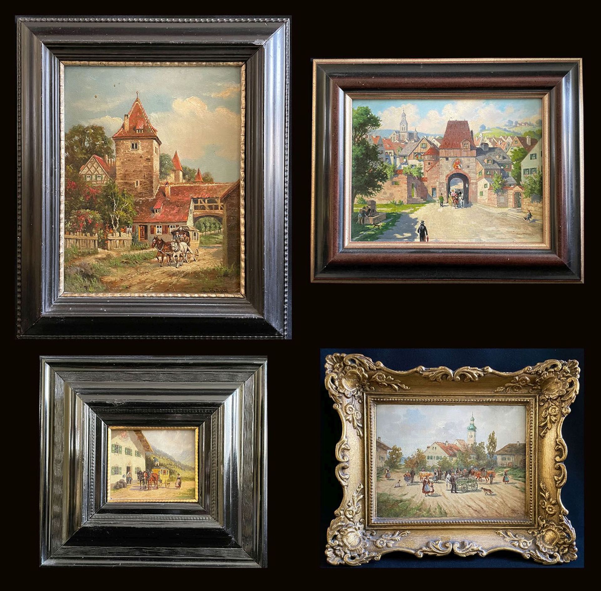 Vier Gemälde: Erich Bahr, Postkutsche vor Stadttor, signiert, Öl/Karton, 28 x 22 cm; Hans Menhard,