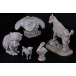 Konvolut fünf Tierfiguren, Meissen, weißes Porzellan: Käuzchen, Kauz bzw. Eule, Entwurf Max Esser,