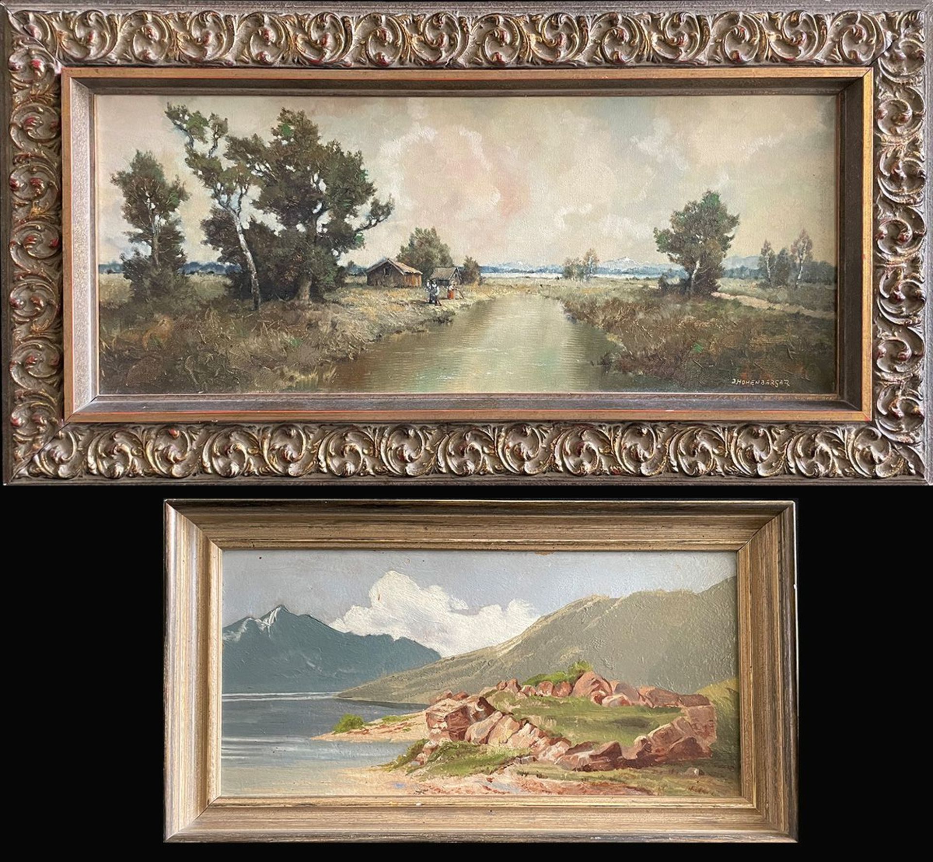 Zwei Landschaftsgemälde: J. Hohenberger (*1911), weite Landschaft mit Flusslauf und Staffagefiguren, - Bild 2 aus 7
