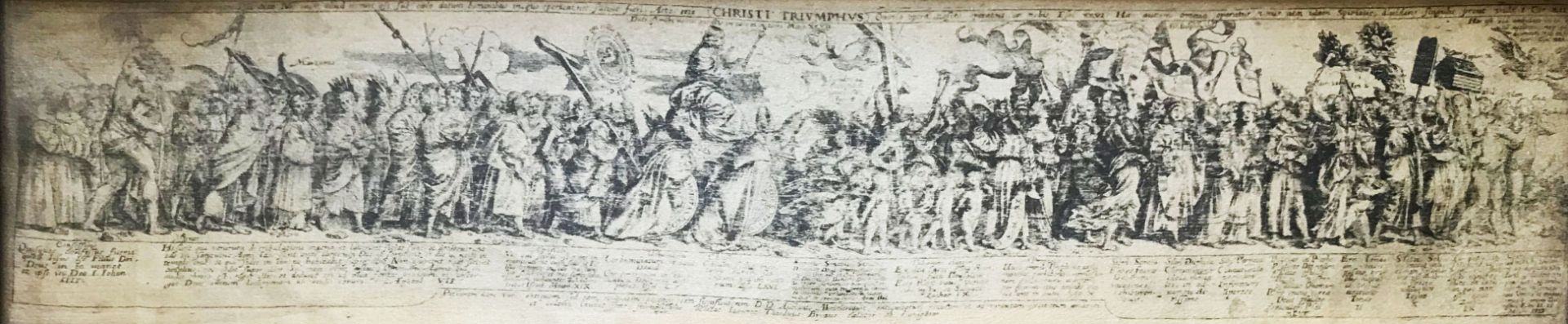 Längliche Graphik, "Christi Triumphus", Kupferstich auf Seide, sehr feine Ausführung, schriftliche