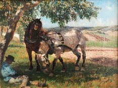 Adolf Hosse (1875 Hanau-1958 Hammelburg), Bauer mit Pferden auf der Rast, signiert, Öl/Lwd. (