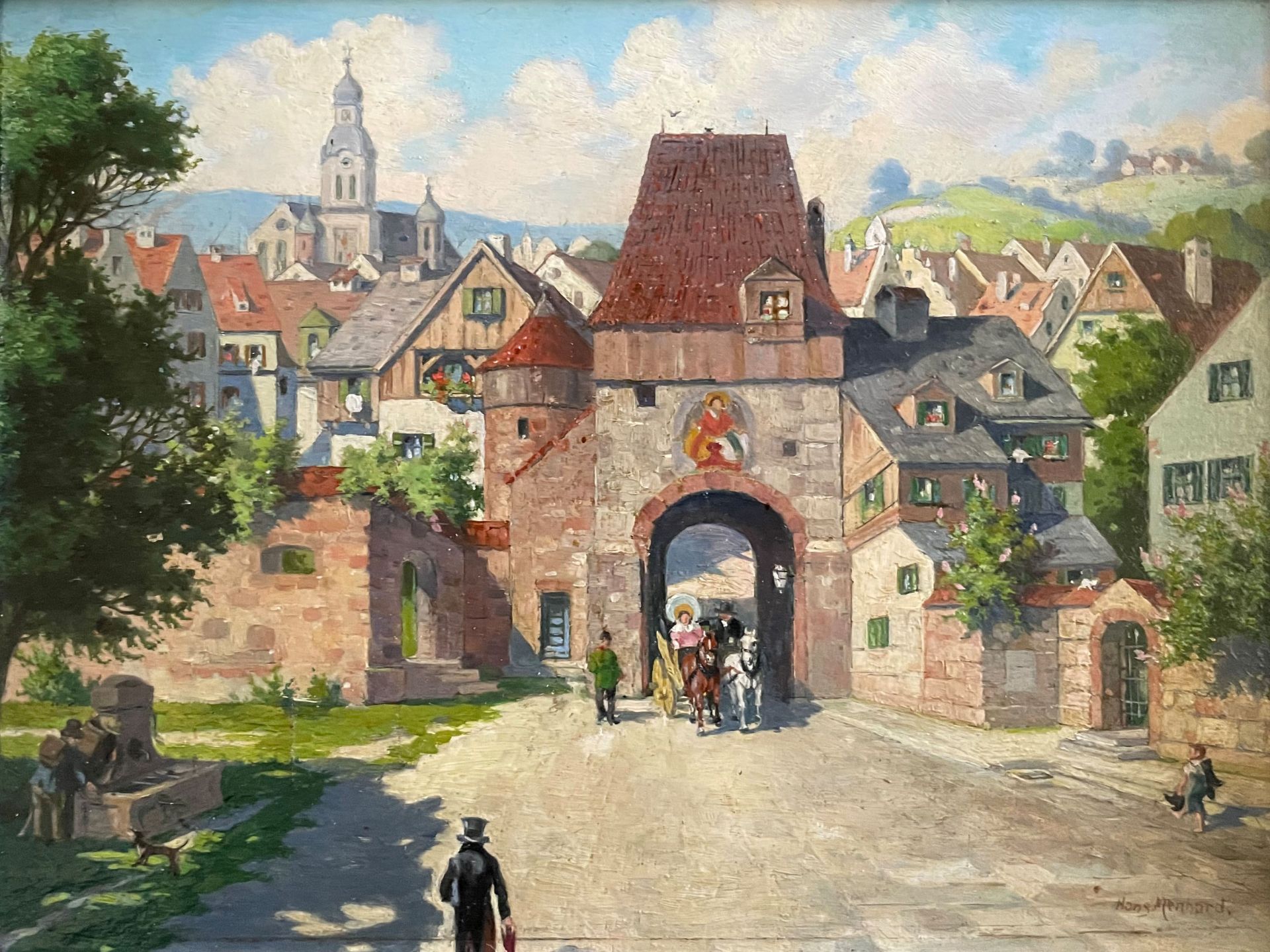 Vier Gemälde: Erich Bahr, Postkutsche vor Stadttor, signiert, Öl/Karton, 28 x 22 cm; Hans Menhard, - Image 10 of 13