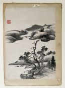 China, Mitte 19. Jh., Landschaft mit knorrigen Bäumen und einem Tal mit sanften Hügeln sowie einer