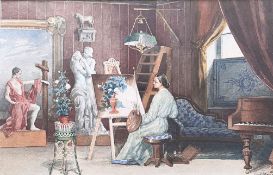 Interieur, 2. Hälfte 19. Jh.: Malerin vor ihrer Staffelei sitzend, unleserl. sign., Aquarell, 14 x