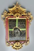 Hinterglasbild in aufwändigem, geschnitzten und vergoldeten Rahmen, Trauernde Maria. Darunter