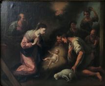 Unbekannter Künstler, 18. Jhd., Anbetung der Hirten: das Jesulein zentral, links Maria und Josef mit
