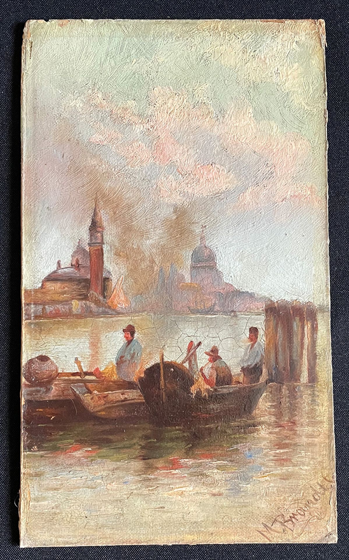 Fischerboote in Venedig, Venecia, signiert, Öl auf Malkarton, 25 x 15 cm