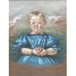 Kinderbildnis, sign. G. Schmitz, dat. 1897, Mädchen in blauem Kleid mit einem Apfel in der Hand,