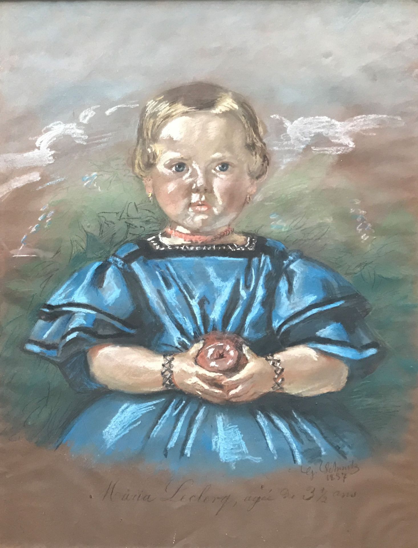 Kinderbildnis, sign. G. Schmitz, dat. 1897, Mädchen in blauem Kleid mit einem Apfel in der Hand,