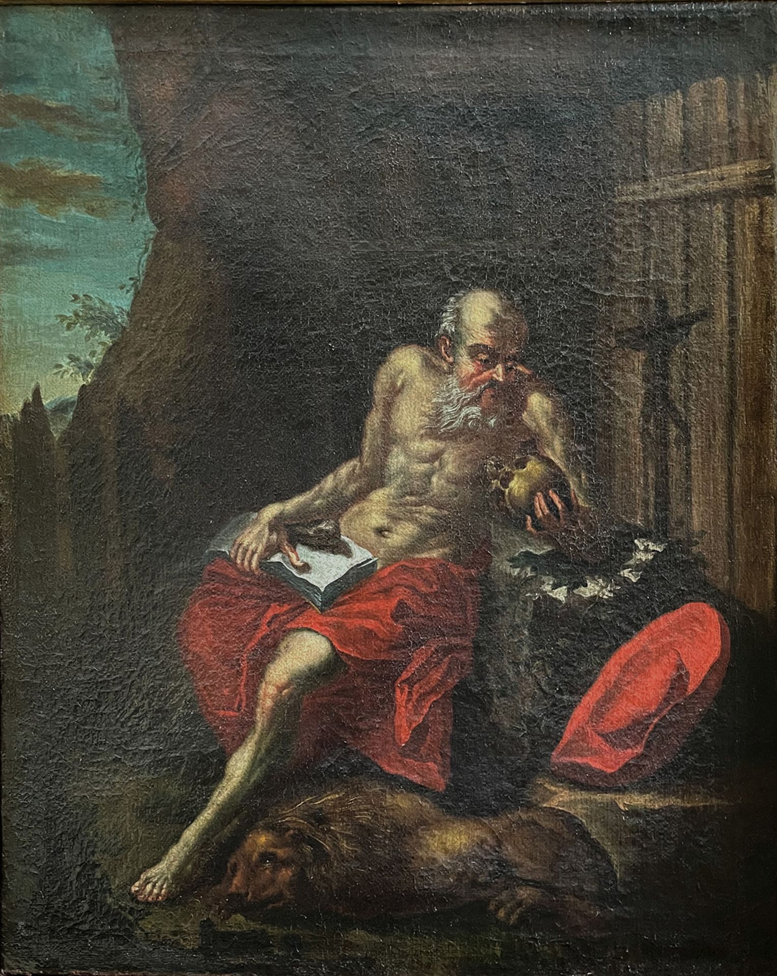 Franken, 18. Jh., Kirchenvater Hl. Hieronymus als Eremit, einen Totenkopf betrachtend, vor ihm ein