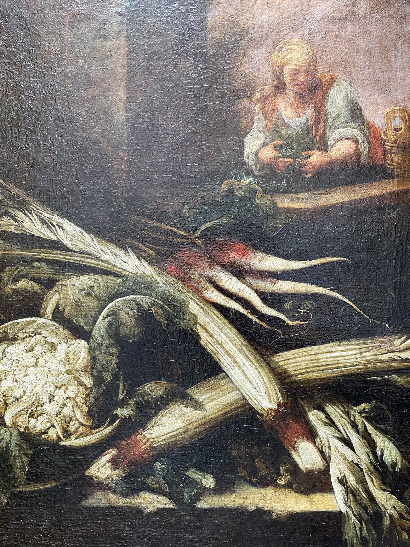 Unbekannter Künstler, 18. Jh., Stillleben mit Blumenkohl, Rettich und Mangold. Im Hintergrund - Bild 3 aus 3