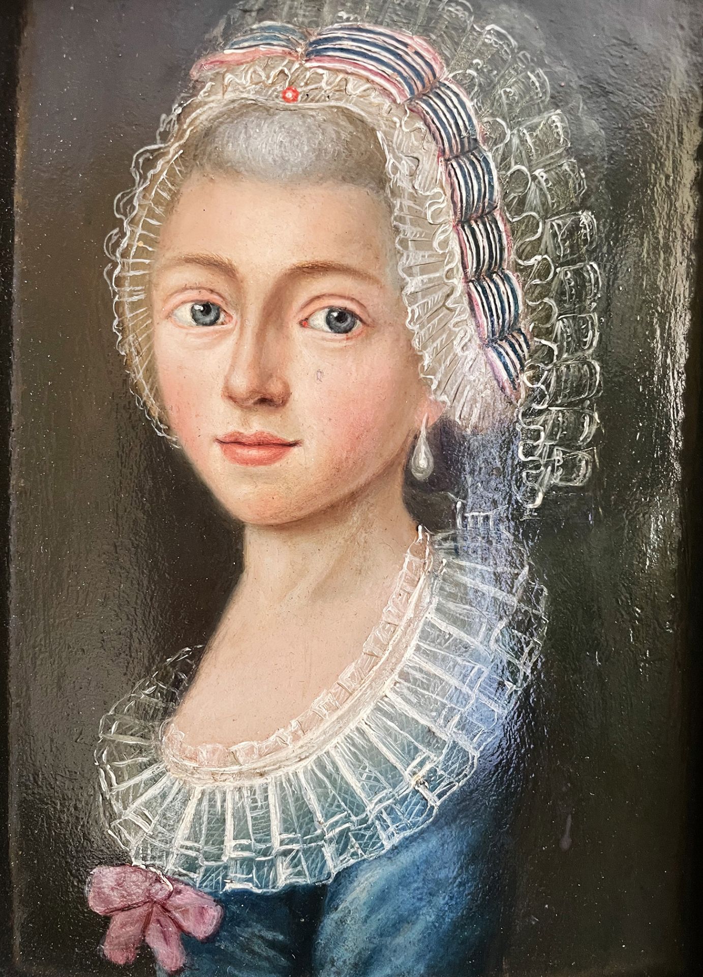 Unbekannter Künstler, 18. Jh., Portrait einer Dame mit blauen Augen, Öl auf Holz, 24 x 18 cm - Image 2 of 5