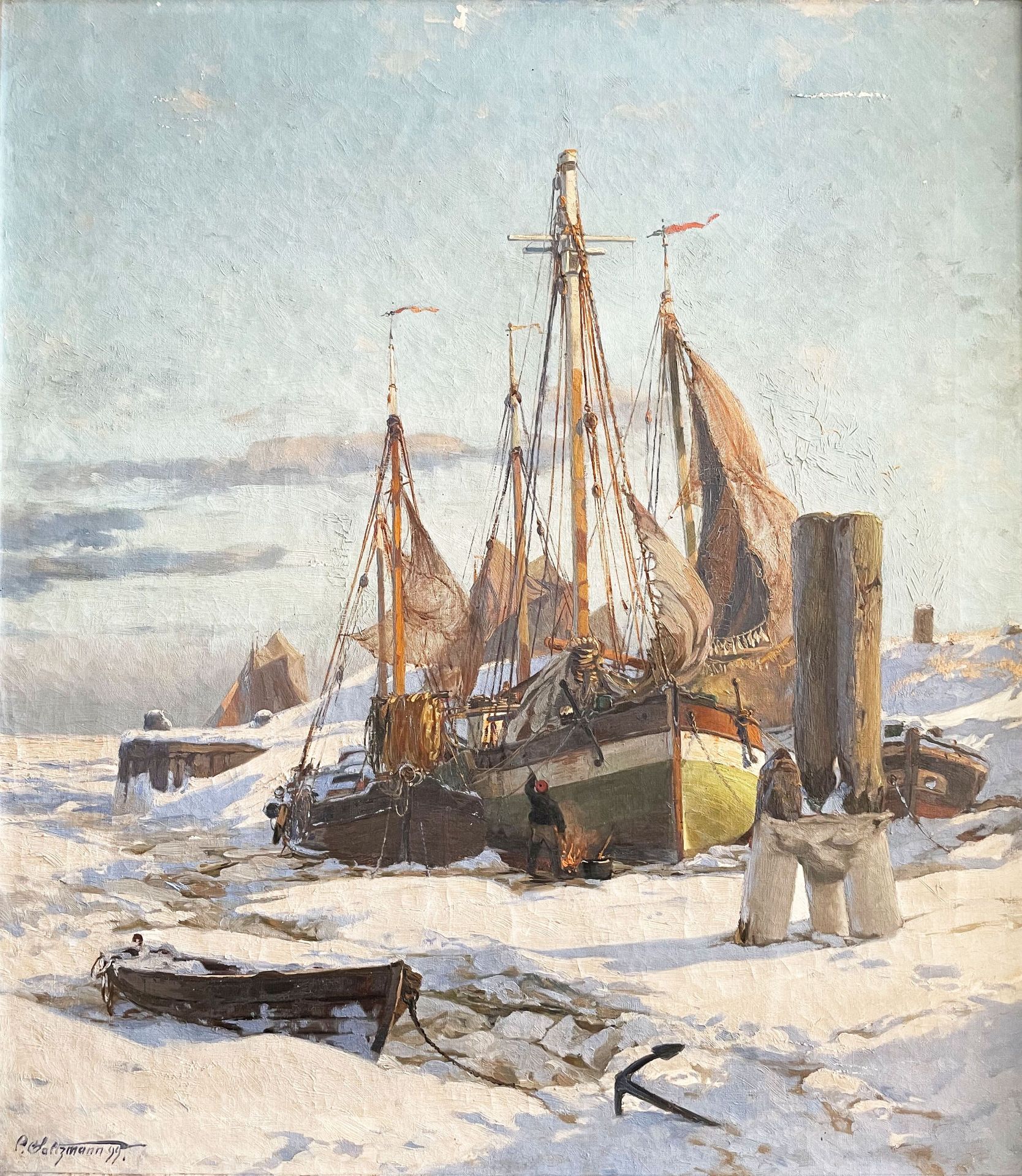 Carl SALTZMANN (1847-1923), Im Winterhafen, signiert, Öl/Lwd, rückseitig altes Etikett,