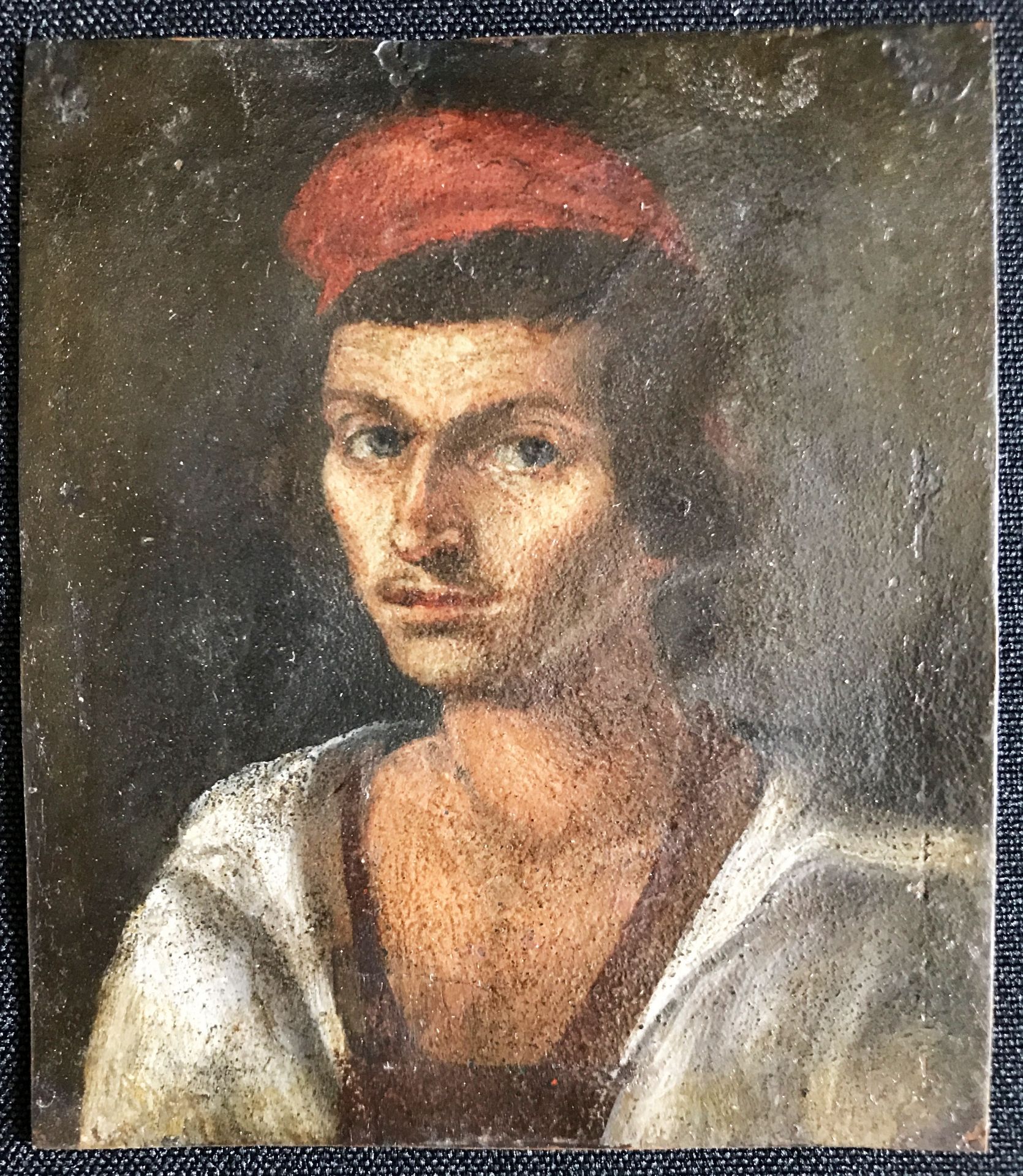 Kleines Portrait eines jungen Mannes mit roter Kappe, Italien, 17./18. Jh., Öl auf Kupfer, 9 x 7,5