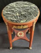 Klassizistisches Tischchen mit Schublade, um 1900, rund, Marmorplatte verkratzt,