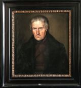 Portrait eines älteren Herren in dunkler Kleidung, mit grauem Haar und intensivem Blick, rücks. dat.