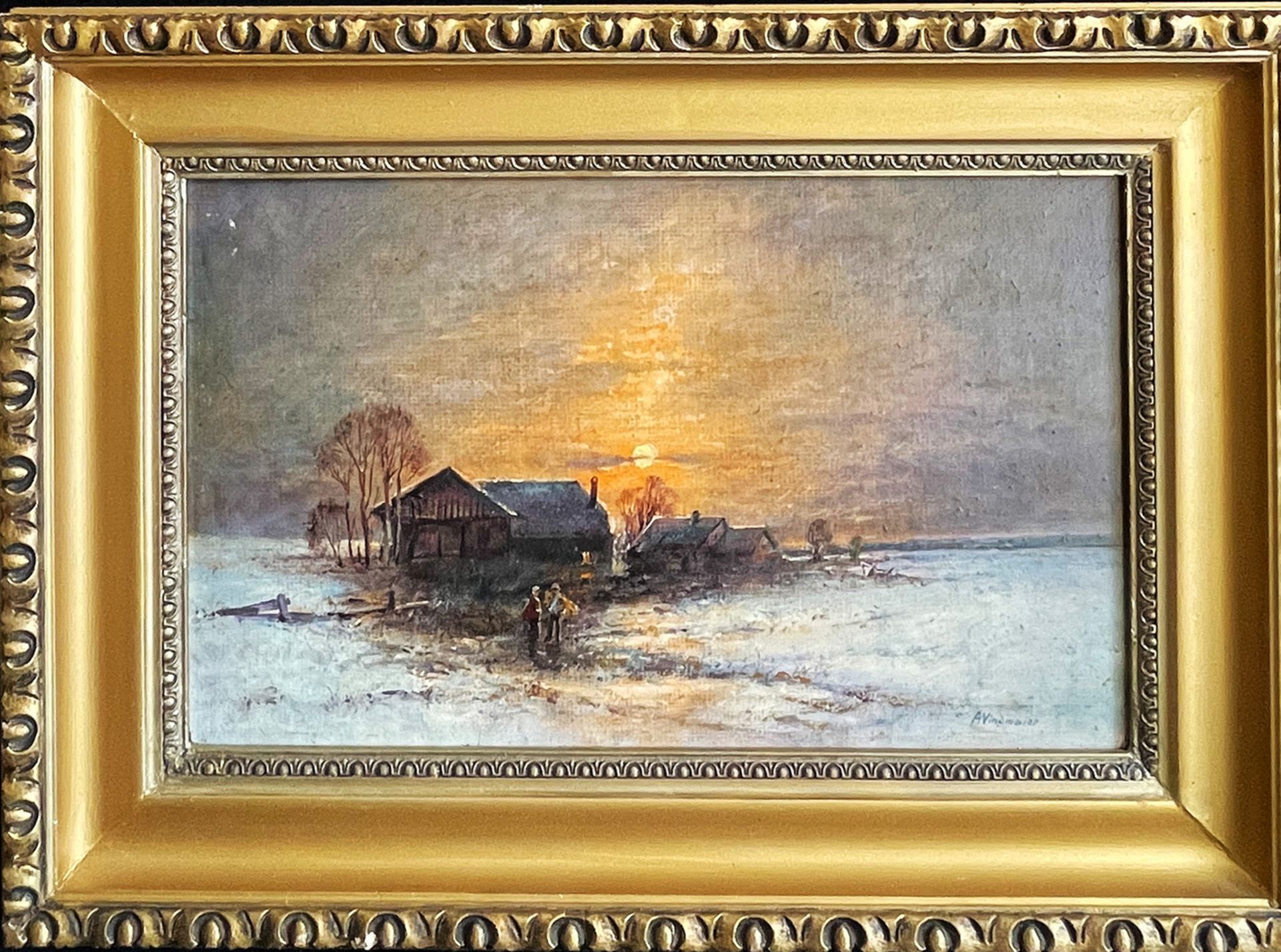 Anton WINDMAIER (1840-1896), Winterlandschaft im Sonnenuntergang mit Hütte und figürlicher - Bild 2 aus 4