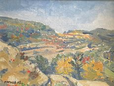 Unbekannter Künstler, Herbstskizze mit Blick über Hügel, Bäume und Felder, signiert, Öl/Kupfer, 29 x