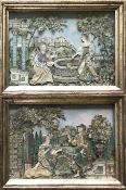 Paar Papierschneidearbeiten bzw. dreidimensionale, barocke Stoffcollagen, hinter Glas gerahmt, 18.