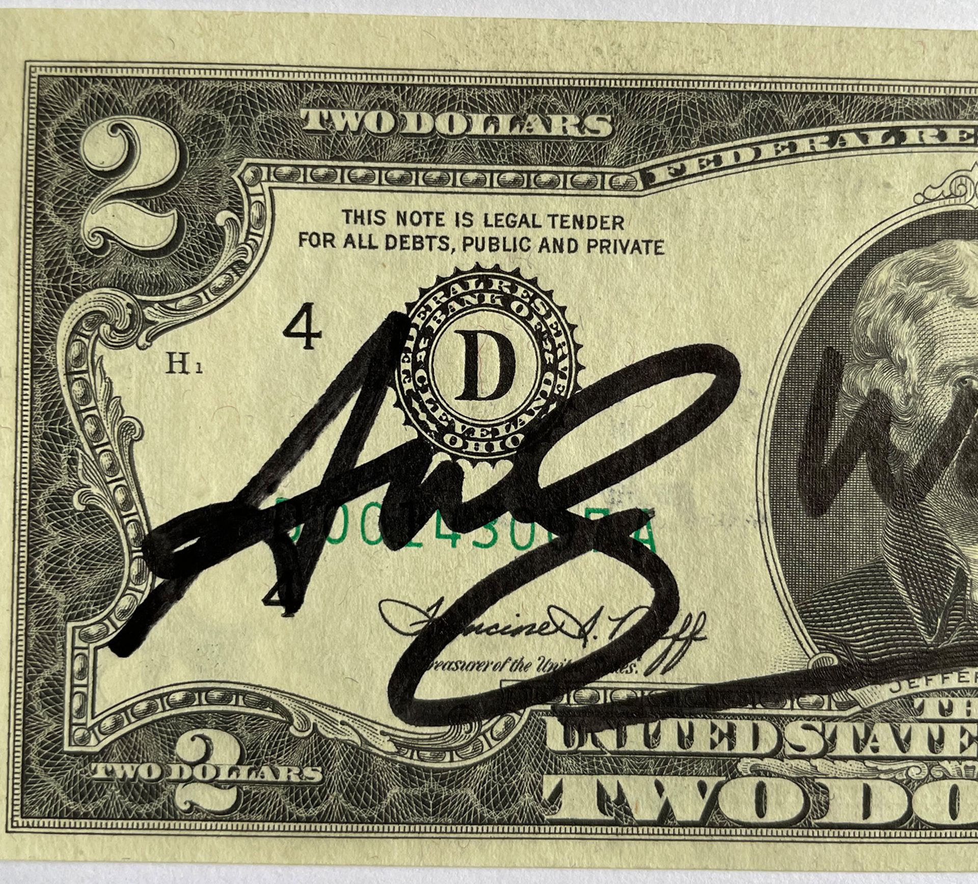 WARHOL, ANDY (1928-1987), 2 Dollar, Jefferson, 1976, Autograph,Multiple entsprechend der Two- - Image 3 of 8