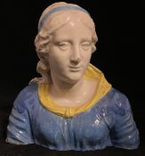 Mädchenbüste, Keramik, Altersspuren, blaues Kleid und Haarreif, gelber Kragen, Höhe 24 cm