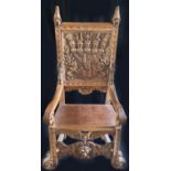 Stuhl, 17./18. Jh., Holz, Schnnitzwerk, Rückenlehne mit aufwändig geschnitztem Wappenrelief mit