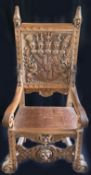 Stuhl, 17./18. Jh., Holz, Schnnitzwerk, Rückenlehne mit aufwändig geschnitztem Wappenrelief mit