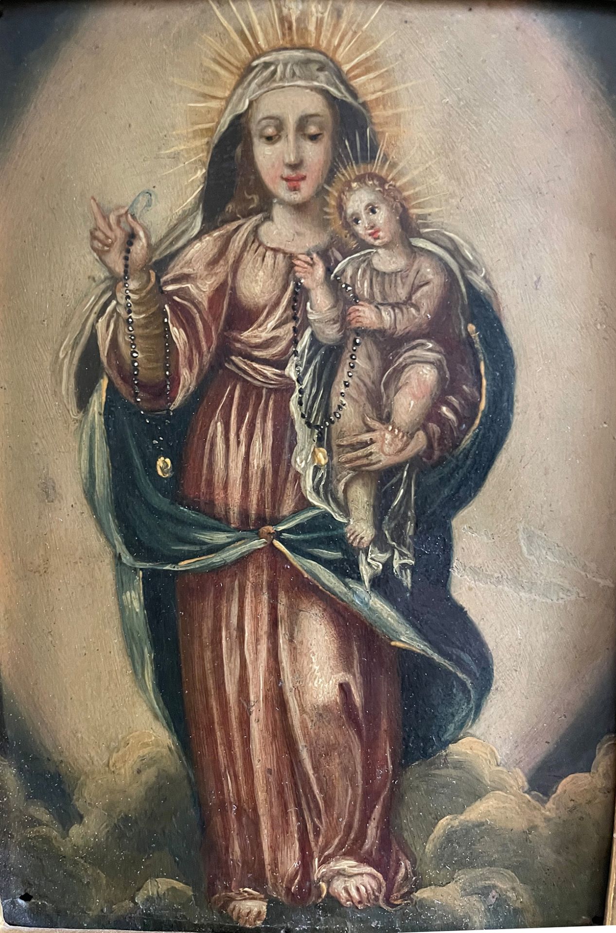Strahlenkranzmadonna mit Rosenkranz, 17./18. Jh., Öl auf Kupferplatte, 18 x 12 cm, mit Rahmen 30 x - Bild 4 aus 4