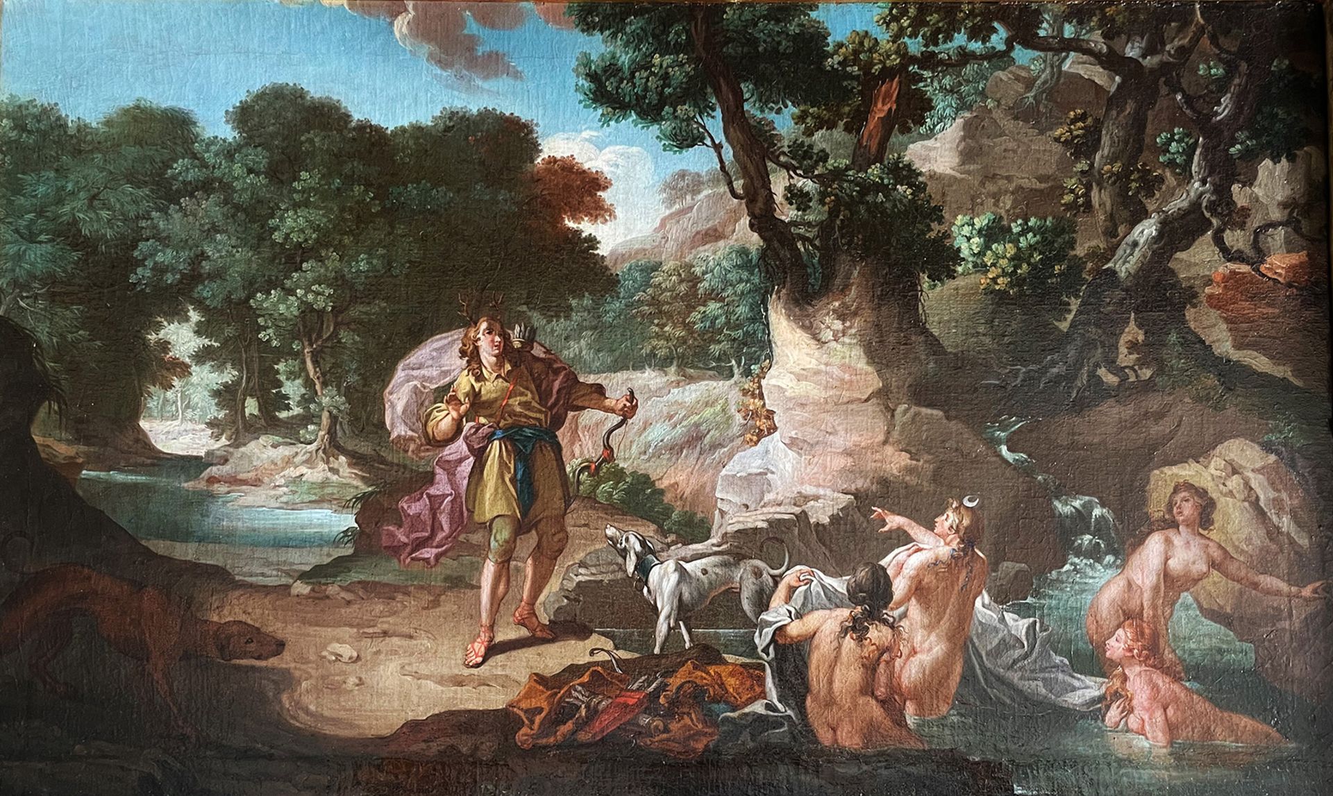 Unbekannter Künstler, Niederlande, um 1700, Vielfiguriges, mytholgisches Thema inmitten einer