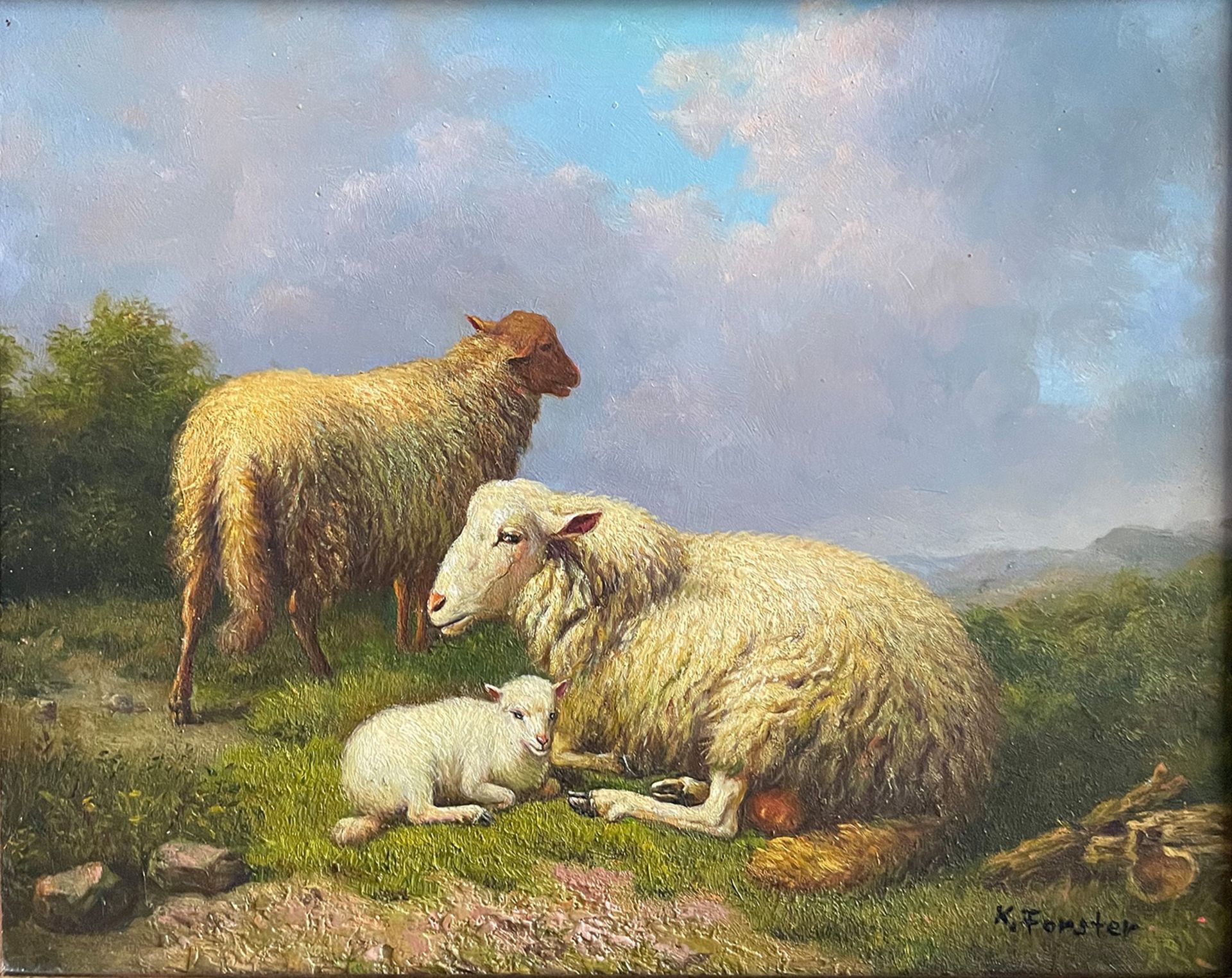 K. Forster, 2 Bilder: Schafe mit Lämmern auf der Weide, links davon Hühner, 30 x 40 cm; Schafe mit - Bild 2 aus 8