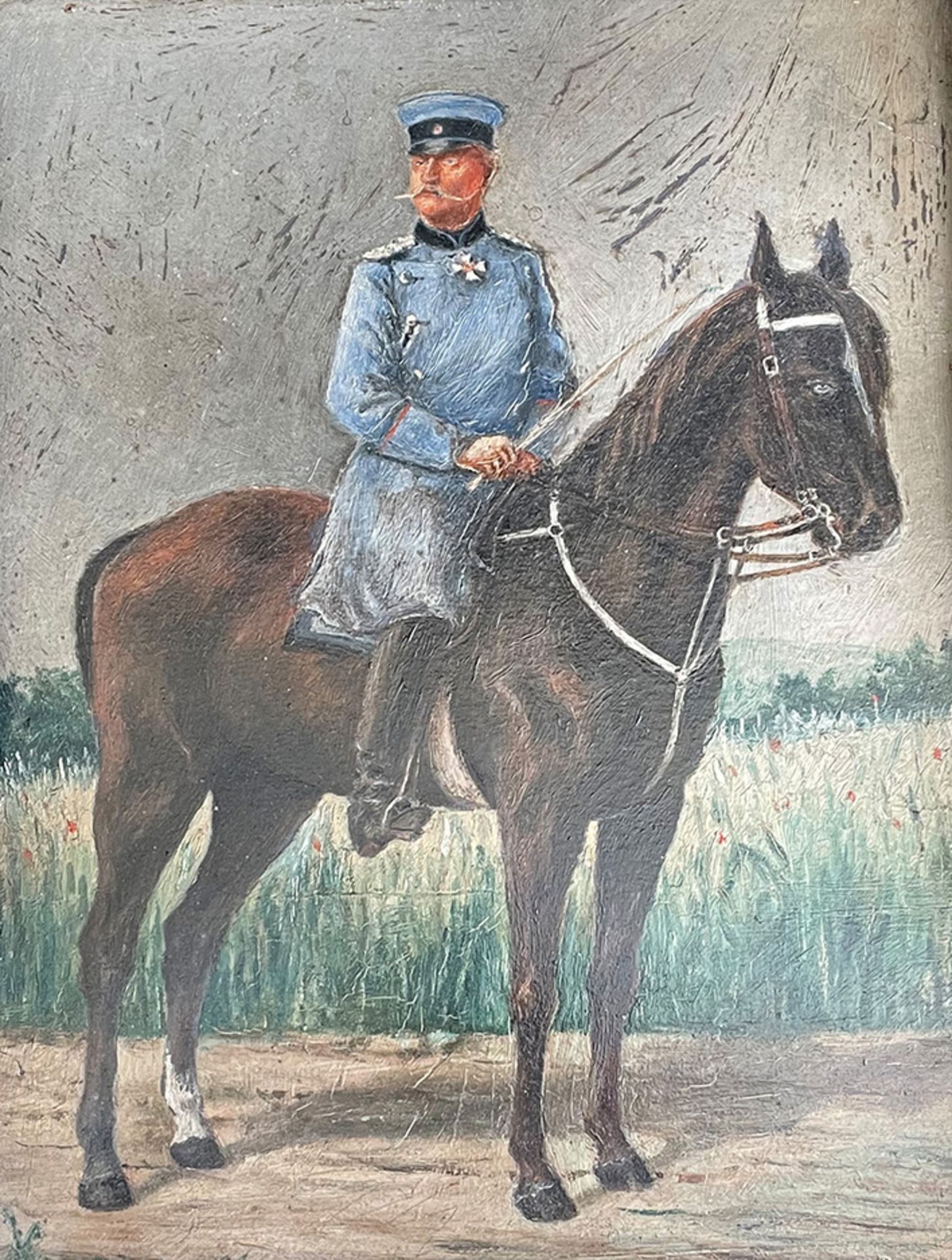 Unbekannter Künstler, Offizier der alten deutschen Armee zu Pferde, Öl/Platte, 27 x 36 cm