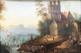 Unbekannter Künstler, Niederlande, 18. Jh., Landschaft mit Häusern und burgähnlichen Gebäuden